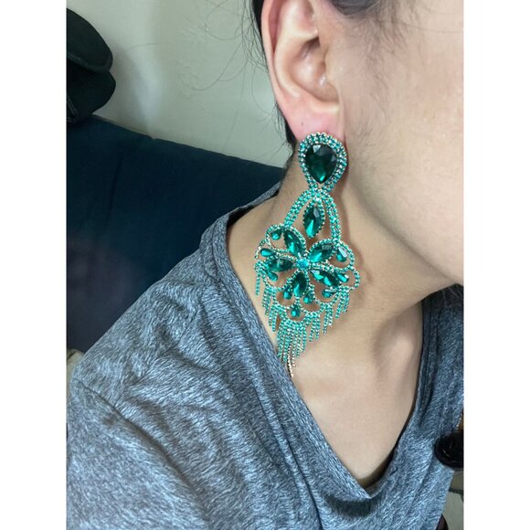Big Green Crystal earrings large rhinestone emerald dark green pine green huge - Picture 3 of 6